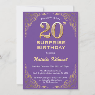 Convites 20 de Aniversário Surpresa Roxo e Luminosidade Dou