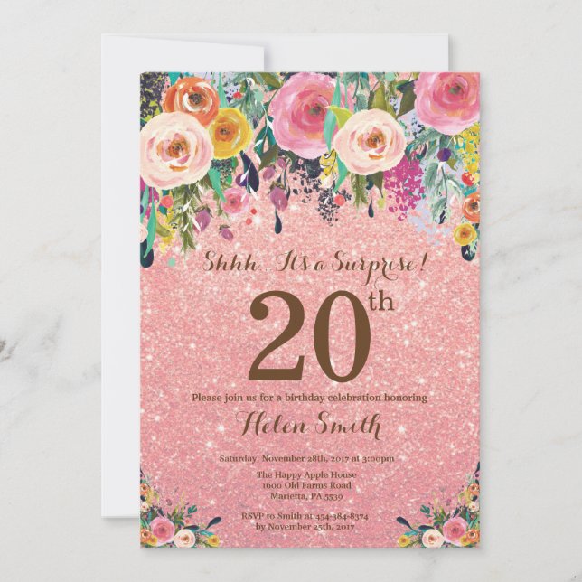 Convites 20 de Surpresa Floral com rosa Dourada Glitter Ani (Frente)