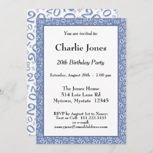 Convites 20 - Evento 20 de Padrão de Número Aleatório Azul/