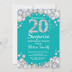 Convites 20 Surpresa: Teal de aniversário e Diamante de Pr