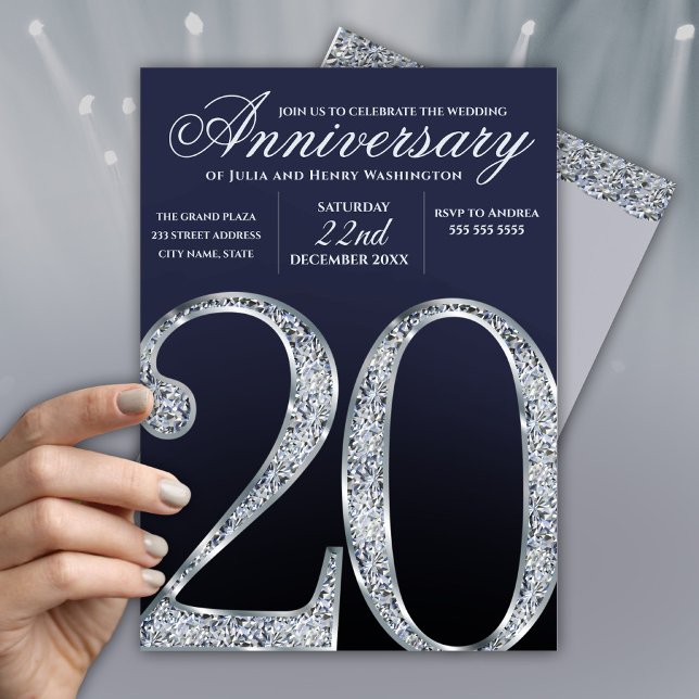 Convites 20th Anniversary Diamond Silver Dark Blue Years (Criador carregado)