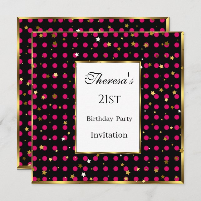 Convites 21 ruas Rosa Quente Bolinhas Douradas Estrelas Ani (Frente/Verso)