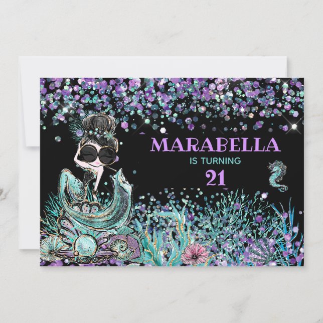 Convites *~* 21 Sereia GLAM LUXE debaixo do Mar Aniversário (Frente)