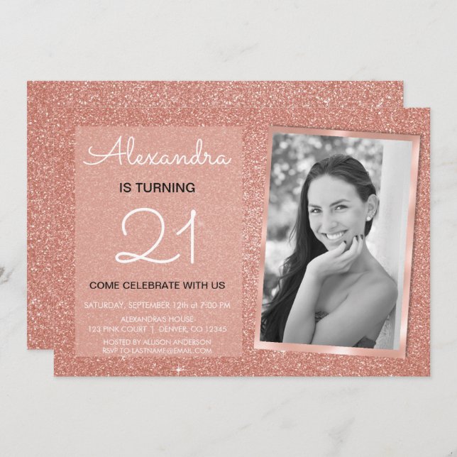 Convites 21rua Sparkle Rosa Dourado Foto Rosa Espelho (Frente/Verso)