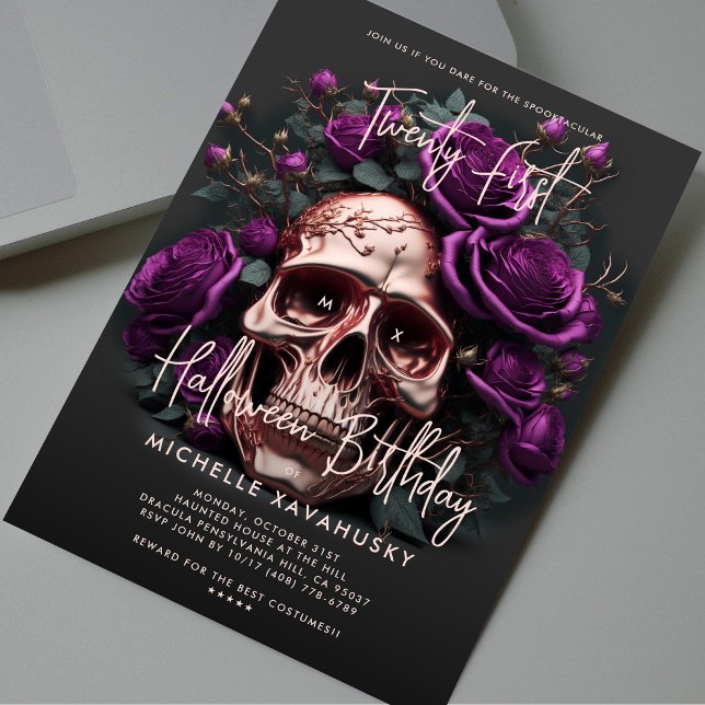 Convites 21ruas Cascas de Aniversário Rosas Roxos (21st Halloween Birthday Skull Purple Roses Invitation
)