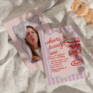 Convites 21ruas de Champanhe Vermelho Rosa Desenhado Mão Fo