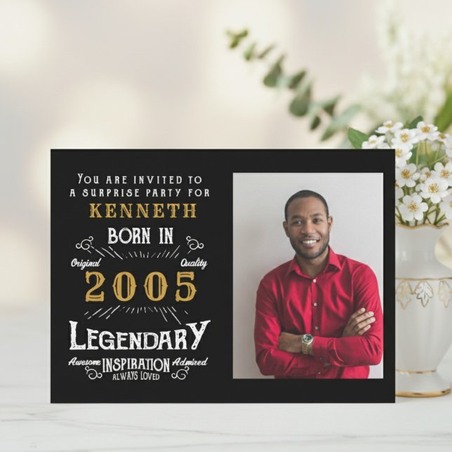 Convites 21st Birthday 2005 Vintage Black Gold Personalized (2005 birthday invite. Blurred background with flowers.)