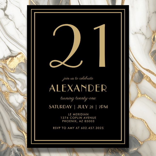 Convites 21st Birthday Black and Gold Modern Minimal Adult (Elegant black and gold 21st birthday invitation design for him or her.)