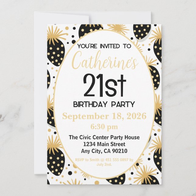 Convites 21st Birthday Invitation, Gold & Black Strawberry (Frente)