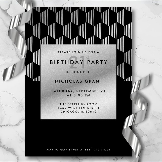 Convites 21st Birthday Modern Black Faux Silver Foil (Gender-neutral design for him or her.)