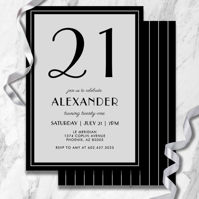 Convites 21st Birthday Modern Minimalist Mens Black Gray (Modern black and light gray design—minimal, bold, and effortlessly stylish for 21.)