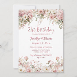 Convites  21st birthday watercolor pink floral garden chic