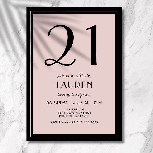 Convites 21st Birthday Women's Modern Minimal Black Pink (Clean lines, elegant layout, and a bold type design for your 21st birthday milestone celebration.)