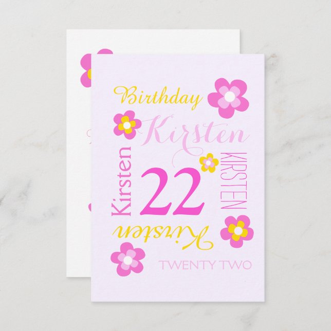 Convites 22.º aniversário flor gráfica amarela rosa surpres (Frente/Verso)