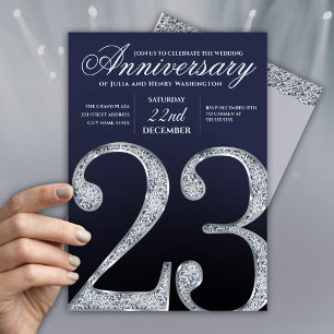 Convites 23º Aniversário Diamante Prata Azul Escuro Anos