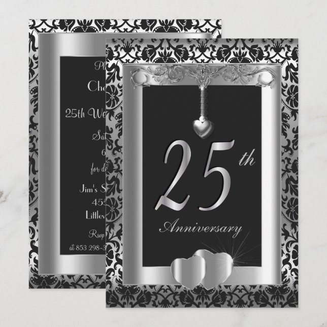 Convites 25º Aniversário de Bodas de Prata e Preto | DIY (Frente/Verso)