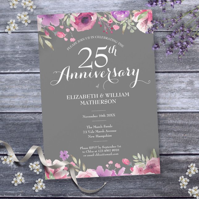 Convites 25º Aniversário de Bodas de Prata Floral Country (25th Silver Wedding Anniversary Country Floral Invitation)