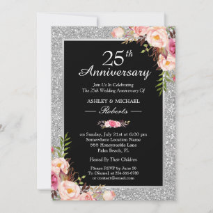 Convites 25º Aniversário de Bodas de Prata Floral Elegante