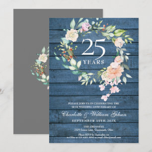 Convites 25º Aniversário de Bodas de Prata Rústico Floral e