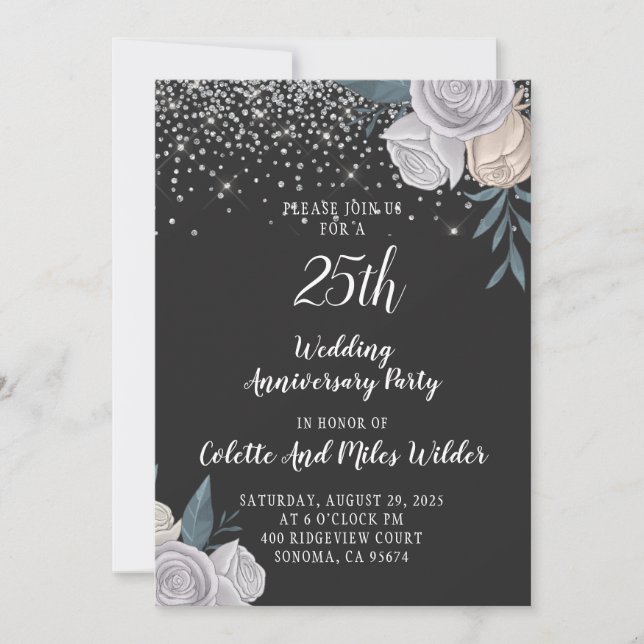 Convites 25º Aniversário de Casamento com Brilho de Prata (Frente)