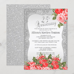 Convites 25º Aniversário de Casamento com Glitter de Prata 