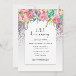 Convites 25º Aniversário de Casamento Floral Rosa Prata