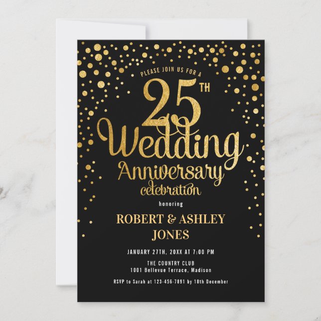 Convites 25º Aniversário de Casamento - Preto e Dourado (Frente)