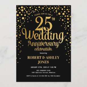 Convites 25º Aniversário de Casamento - Preto e Dourado