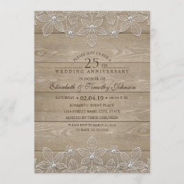 Convites 25º Aniversário de Casamento Rustic Madeira Renda 