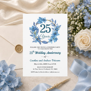 Convites 25º Aniversário de Casamento Surpresa Floral Azul
