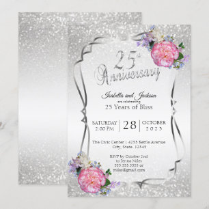 Convites 25º Aniversário de Glitter e Floral de Prata