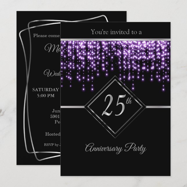Convites 25º Aniversário de Prata com Estrelas Roxas (Frente/Verso)
