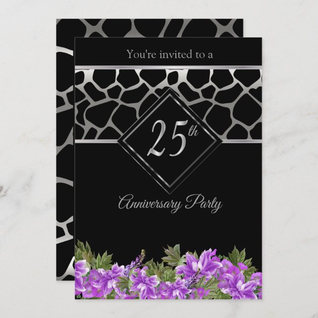 Convites 25º Aniversário de Prata com Floral de Lavanda (Frente/Verso)