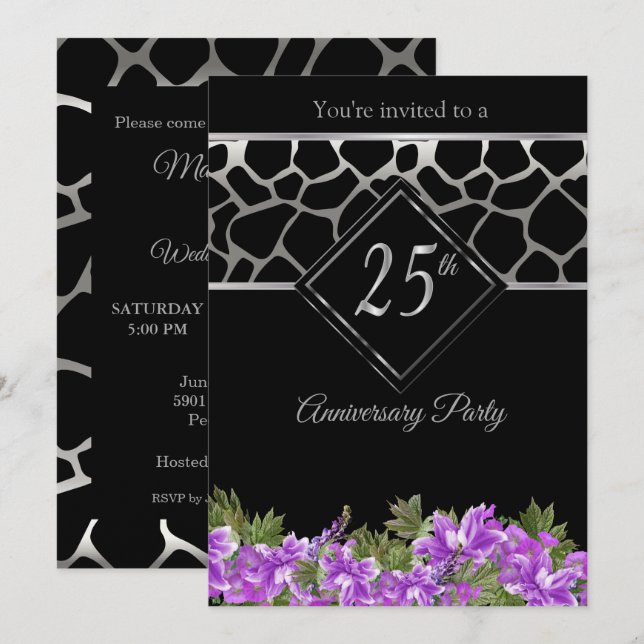 Convites 25º Aniversário de Prata com Floral Lavanda (Frente/Verso)