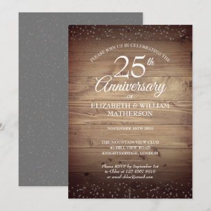 Convites 25º Aniversário Rustic Wood Silver Stardust 