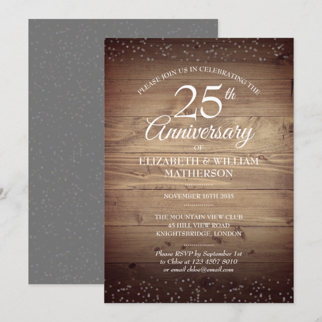 Convites 25º Aniversário Rustic Wood Silver Stardust  (Frente/Verso)