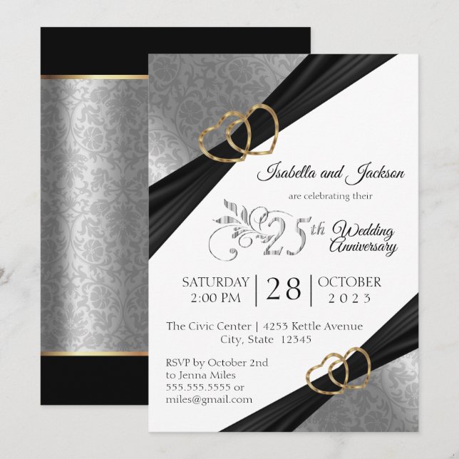 Convites 25º Design Comemorativo do Coração de Prata (Frente/Verso)