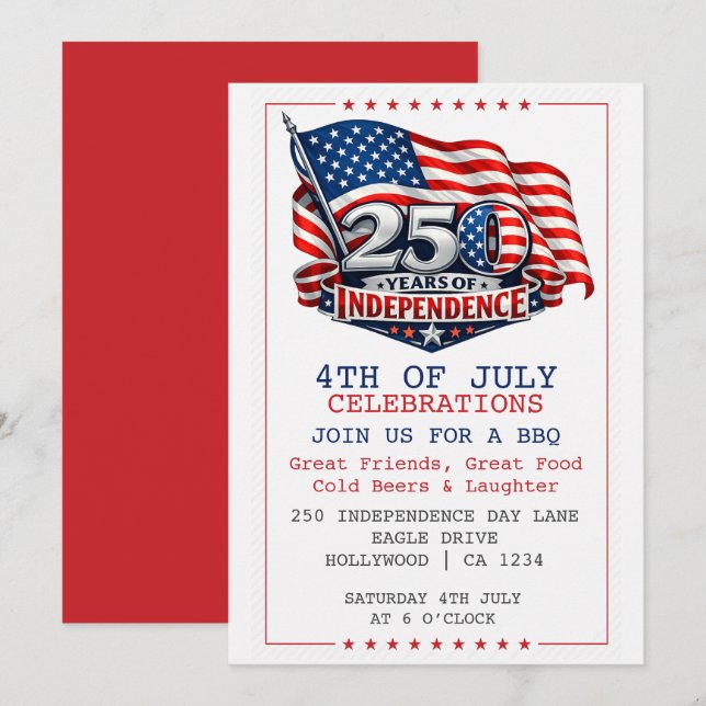 Convites 250 Years of Independence 4th of July Party (Frente/Verso)