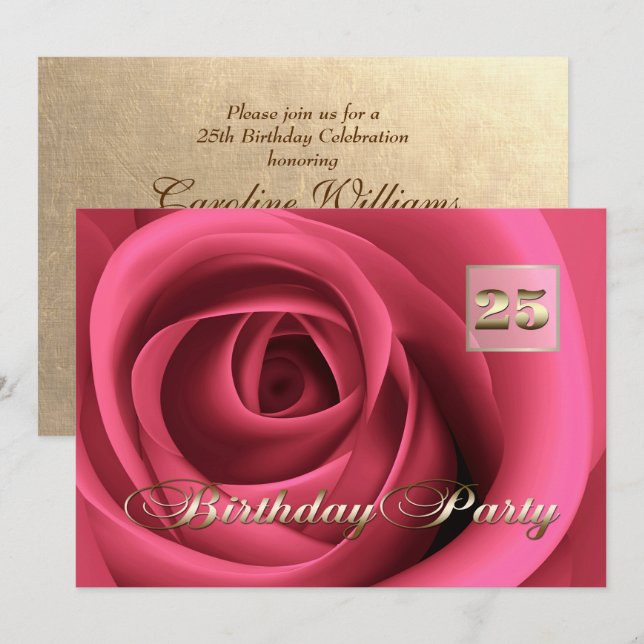Convites 25.ª Celebração de Aniversário Rosa Rosa Elegante  (Frente/Verso)