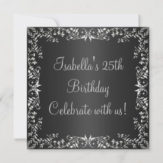 Convites 25 Birthday Black & Silver Floral Metal (Frente)