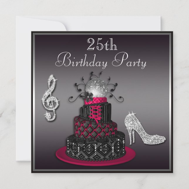 Convites 25 Birthday Disco Diva Cake and Heels Hot Pink (Frente)