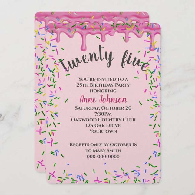 Convites 25 Birthday Pink Iching E Sprinkles (Frente/Verso)