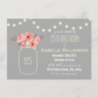 25 Birthday Pink Watercolor Flowers & Mason Jar