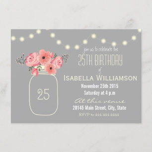 Convites 25 Birthday Pink Watercolor Flowers & Mason Jar