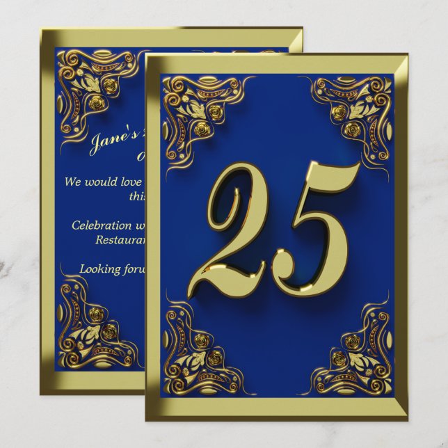 Convites 25 Birthday Regal Dourado Saudação Azul ou (Frente/Verso)