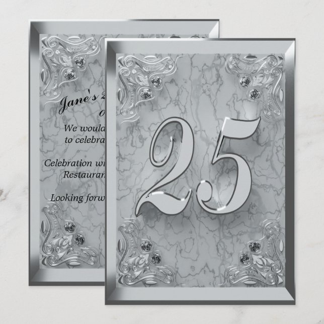 Convites 25 Birthday Regal Silver Marble Saudação ou (Frente/Verso)