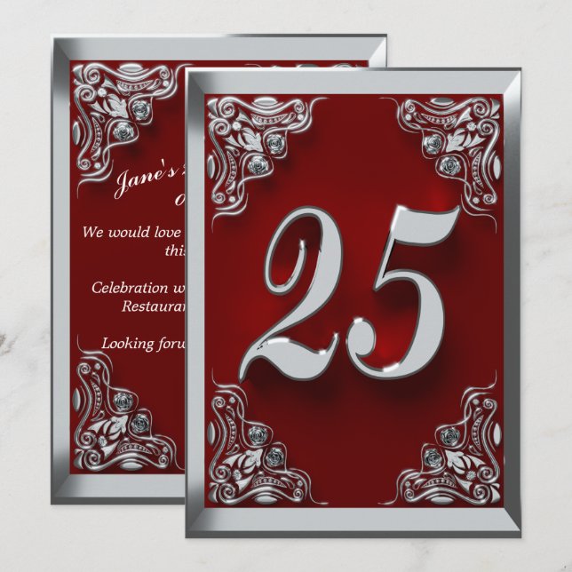 Convites 25 Birthday Regal Silver Red Saudação ou (Frente/Verso)