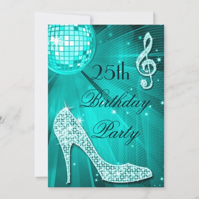 Convites 25 Birthday Sparkle Heels e Teal Disco Ball (Frente)
