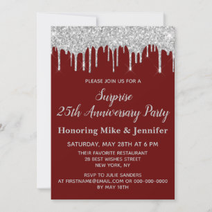 Convites 25 Burgundy e Silver Surprise Anniversário