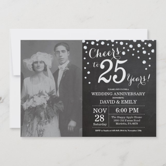 Convites 25 Casamento Aniversário Chalkboard Black Silver (Frente)
